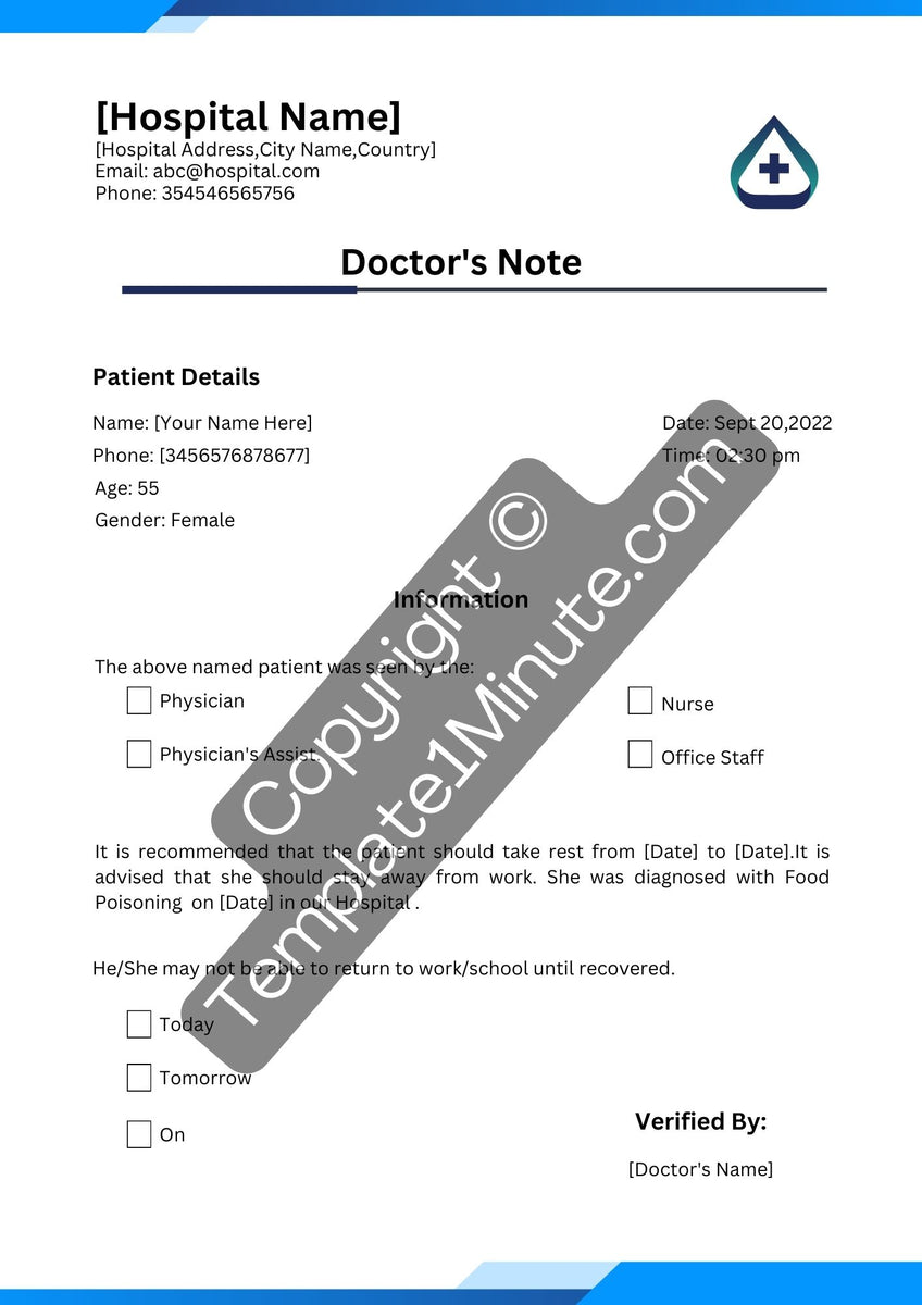 Doctors Note for Food Poisoning Template Printable [Word] – Template1Minute