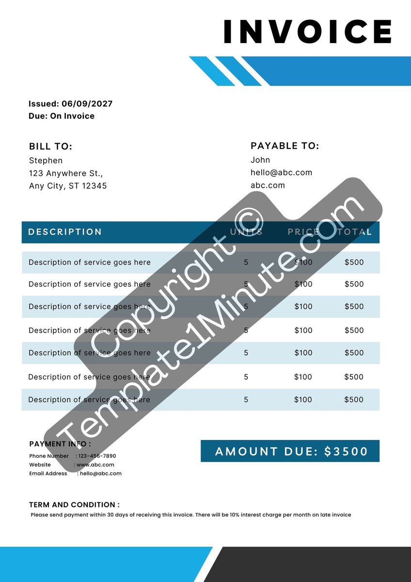 Business Invoice Template Blank Printable Pdf Excel Word Template1minute