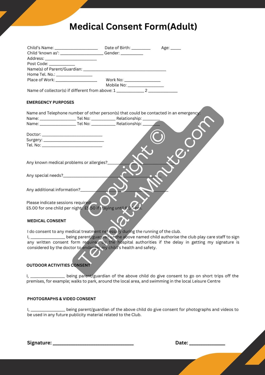 Medical Consent Form For Adults Template Printable Word Template1minute 5144