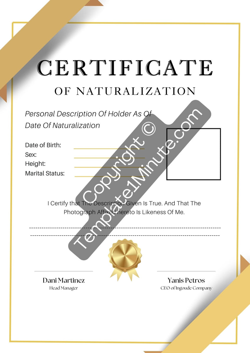 Certificate Of Naturalization Printable Template Pdf And Word Template1minute 5958