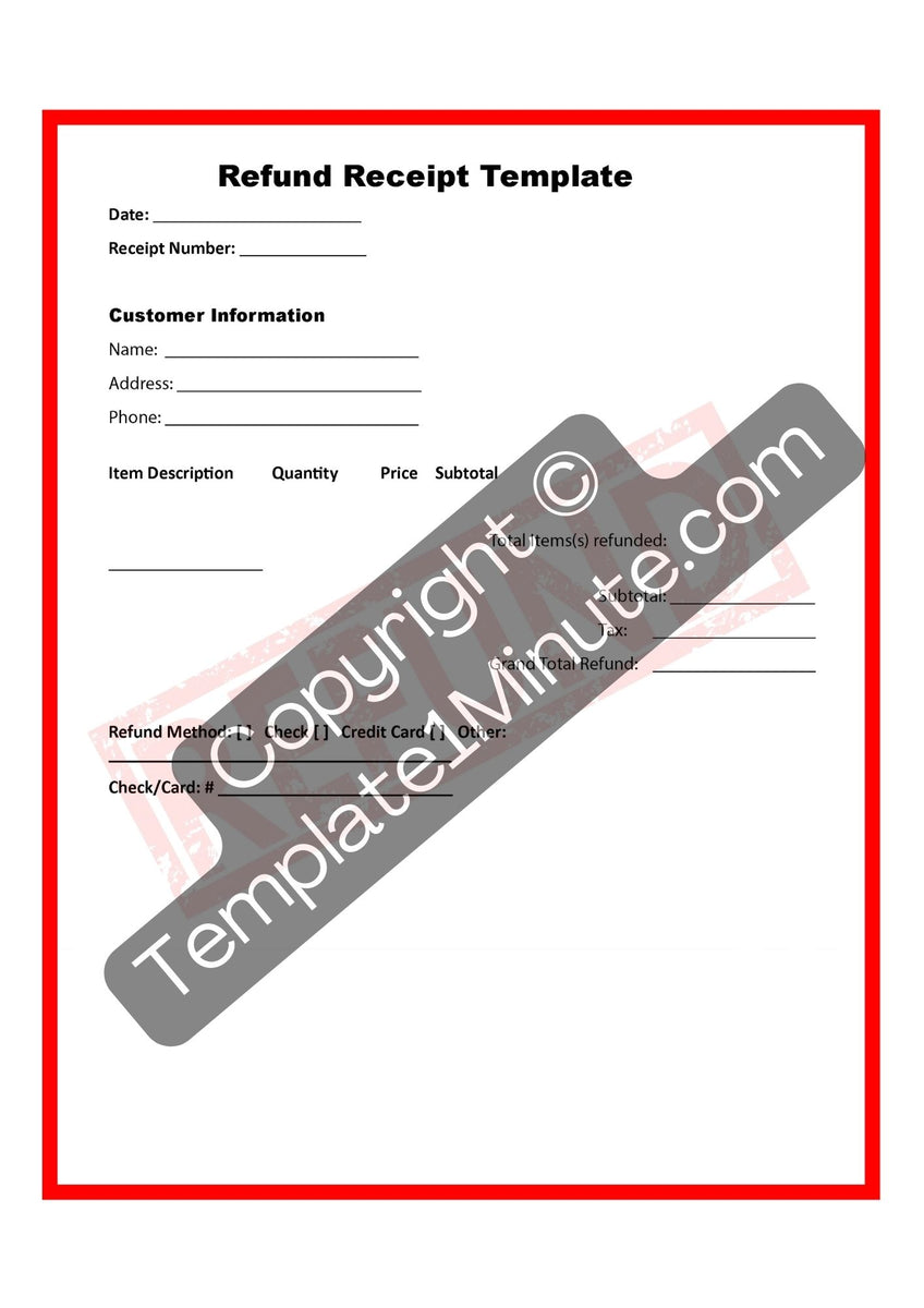 Refund Receipt Template Printable Pdf Word Pack Of 5 Template1minute 9244