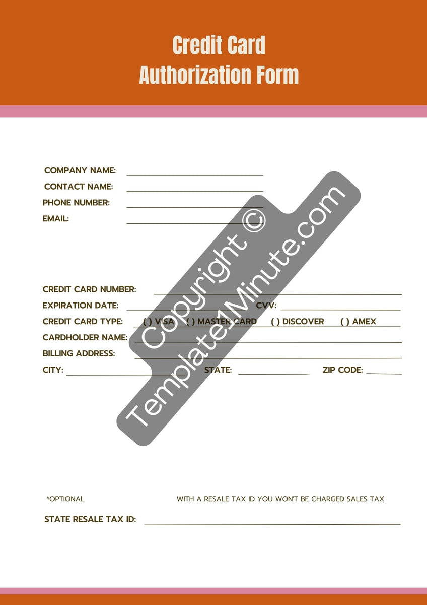 Credit Card Authorization Form Template Printable Pdf Word Template1minute 6215