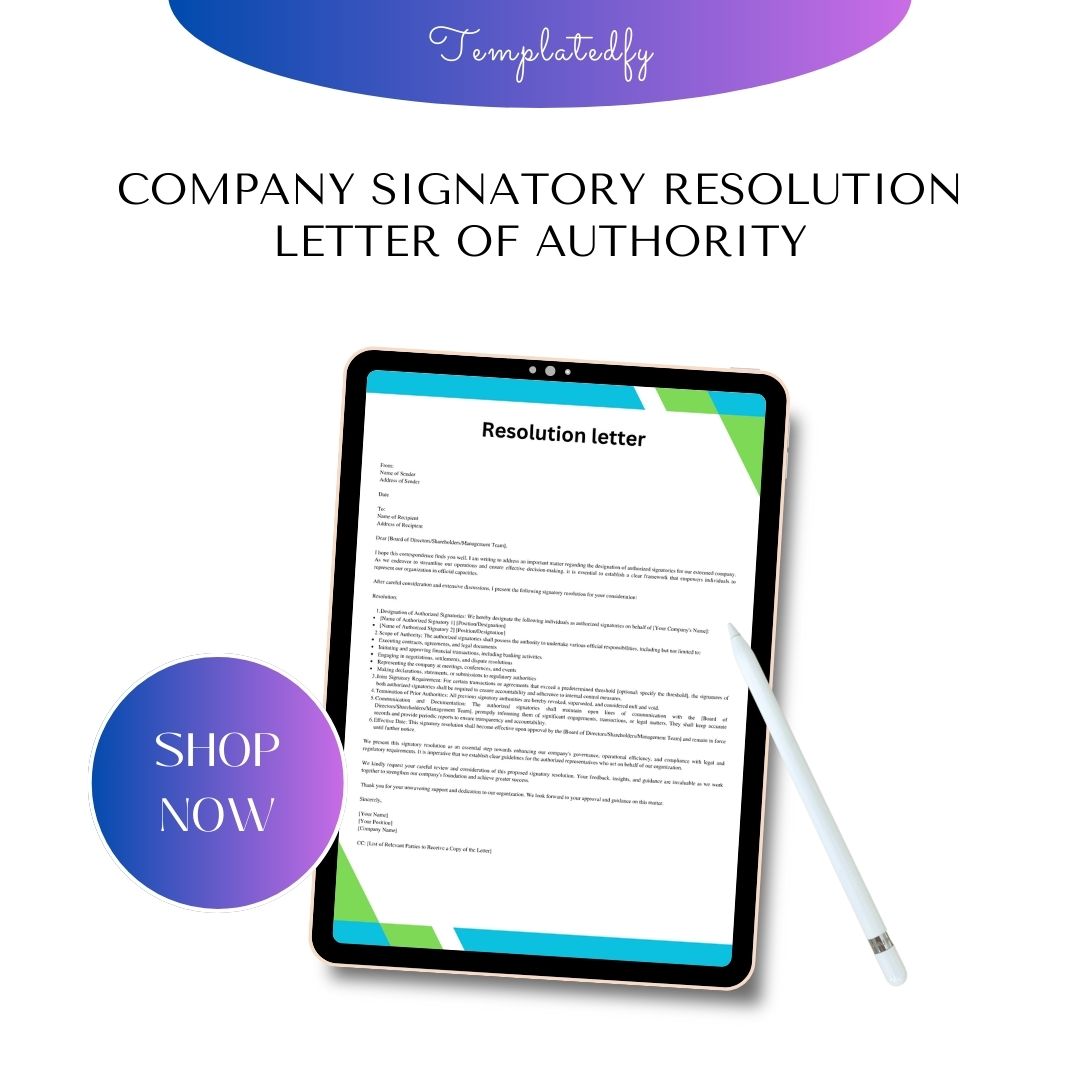 Company Signatory Resolution Letter of Authority Sample Word