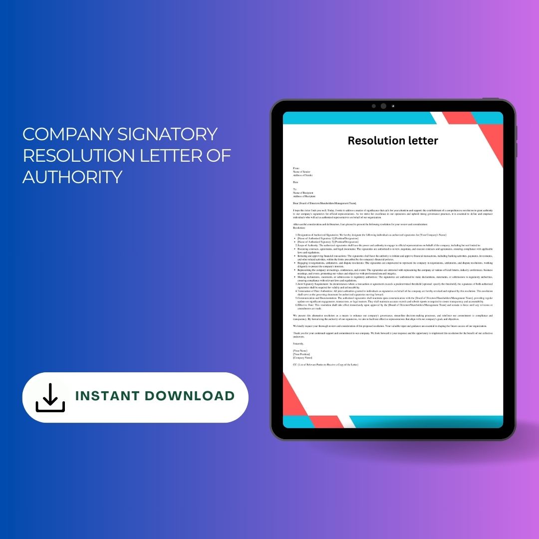 Company Signatory Resolution Letter of Authority Sample Word