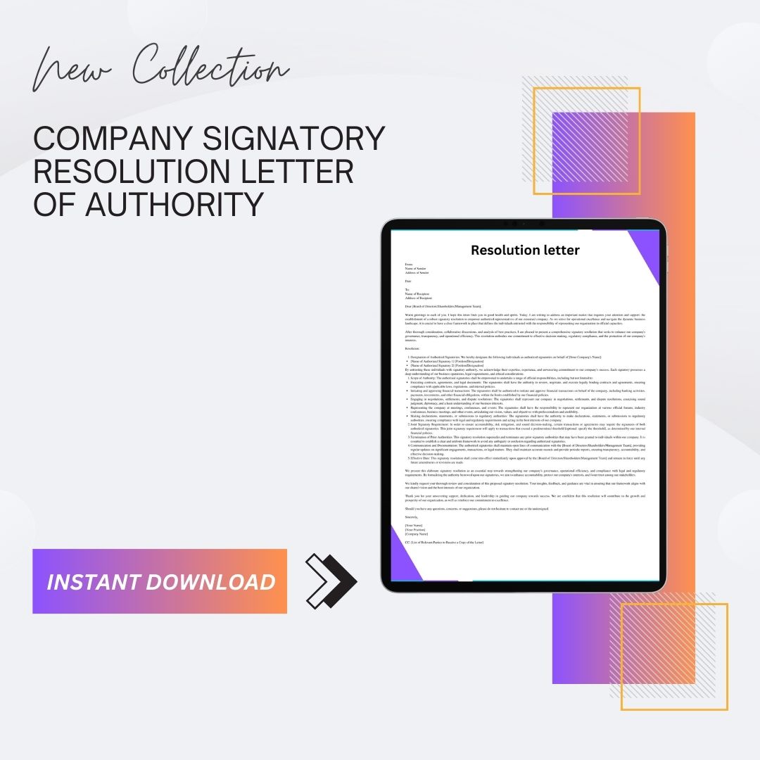 Company Signatory Resolution Letter of Authority Sample Word