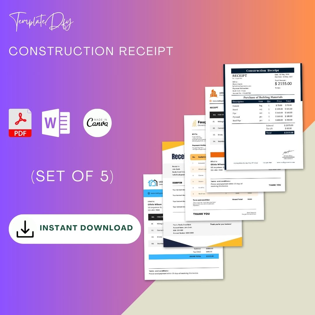 Construction Receipt Template [Pdf Excel & Word] (Pack of 5)