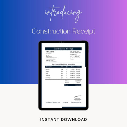 Construction Receipt Template [Pdf Excel & Word] (Pack of 5)