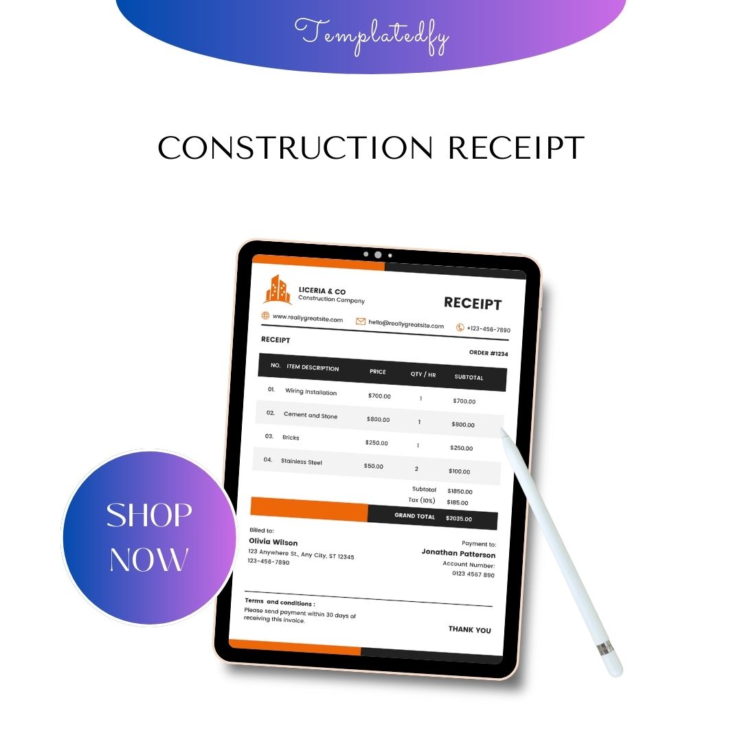 Construction Receipt Template [Pdf Excel & Word] (Pack of 5)