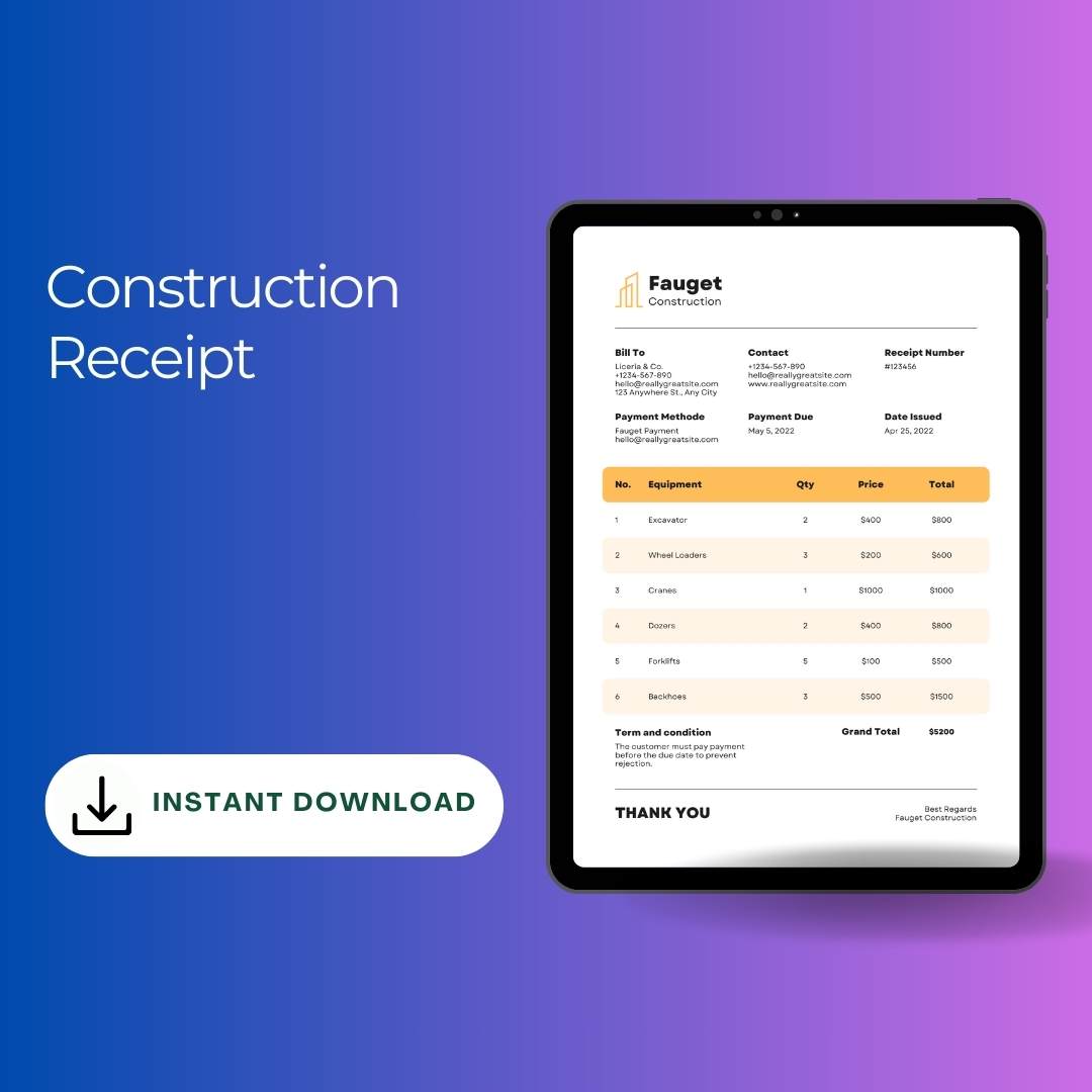 Construction Receipt Template [Pdf Excel & Word] (Pack of 5)