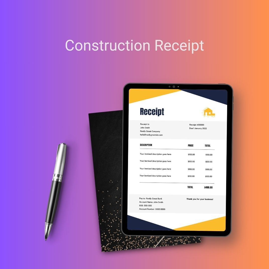 Construction Receipt Template [Pdf Excel & Word] (Pack of 5)