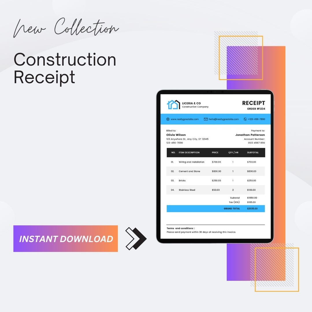 Construction Receipt Template [Pdf Excel & Word] (Pack of 5)