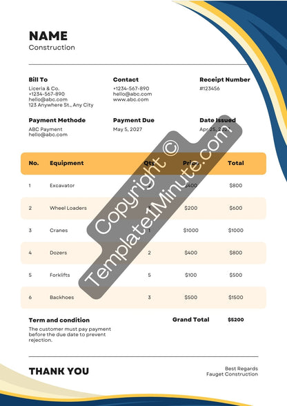 Construction Receipt Template [Pdf Excel & Word] (Pack of 5)