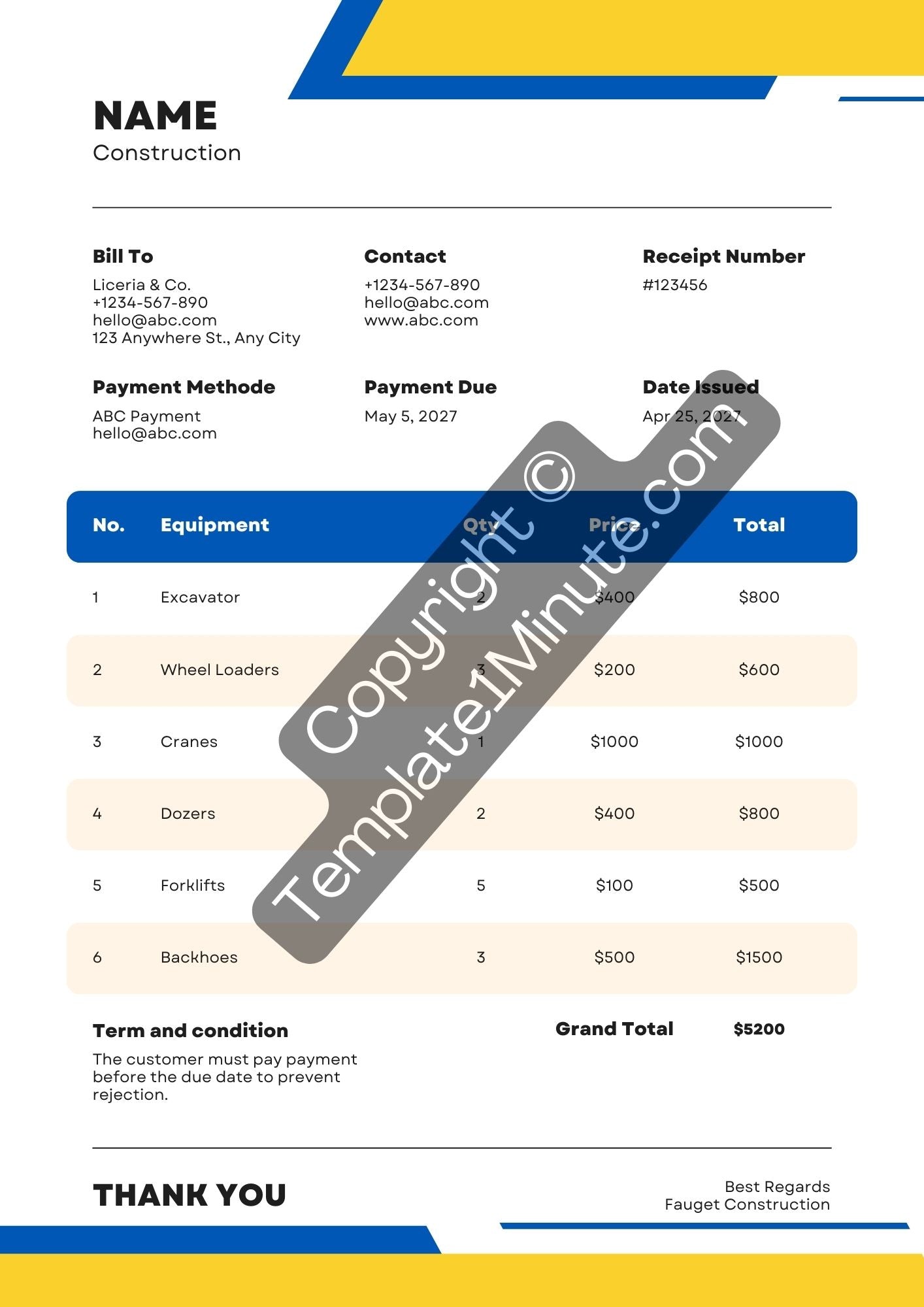 Construction Receipt Template [Pdf Excel & Word] (Pack of 5)