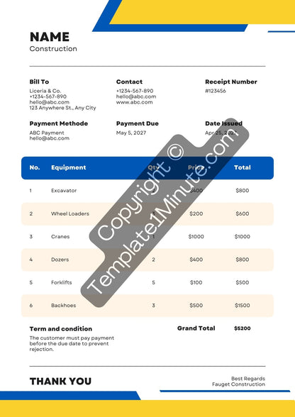 Construction Receipt Template [Pdf Excel & Word] (Pack of 5)