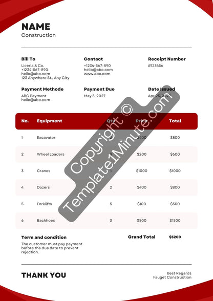 Construction Receipt Template [Pdf Excel & Word] (Pack of 5)