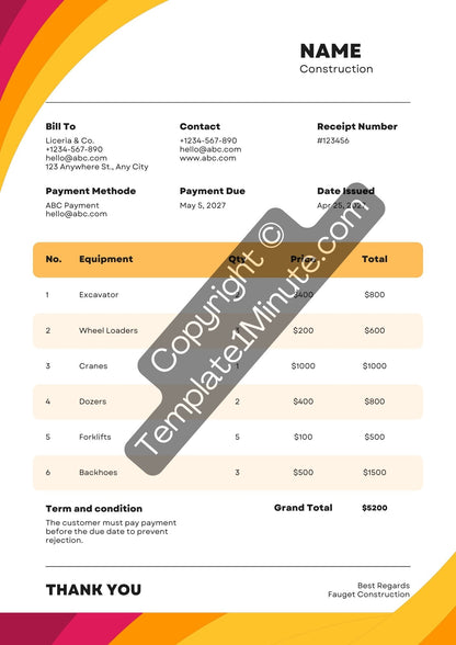 Construction Receipt Template [Pdf Excel & Word] (Pack of 5)