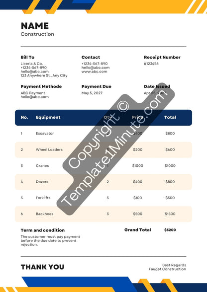 Construction Receipt Template [Pdf Excel & Word] (Pack of 5)