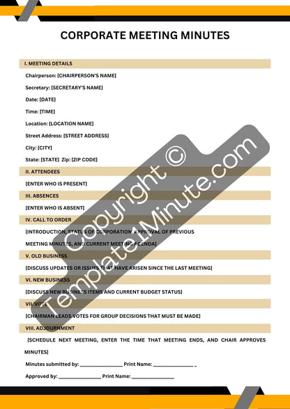 Corporate Meeting Minutes Template Blank Printable PDF Word