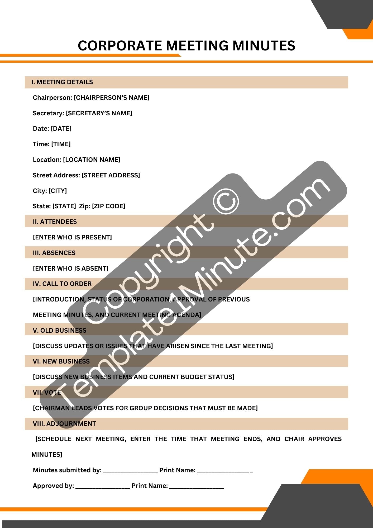 Corporate Meeting Minutes Template Blank Printable PDF Word