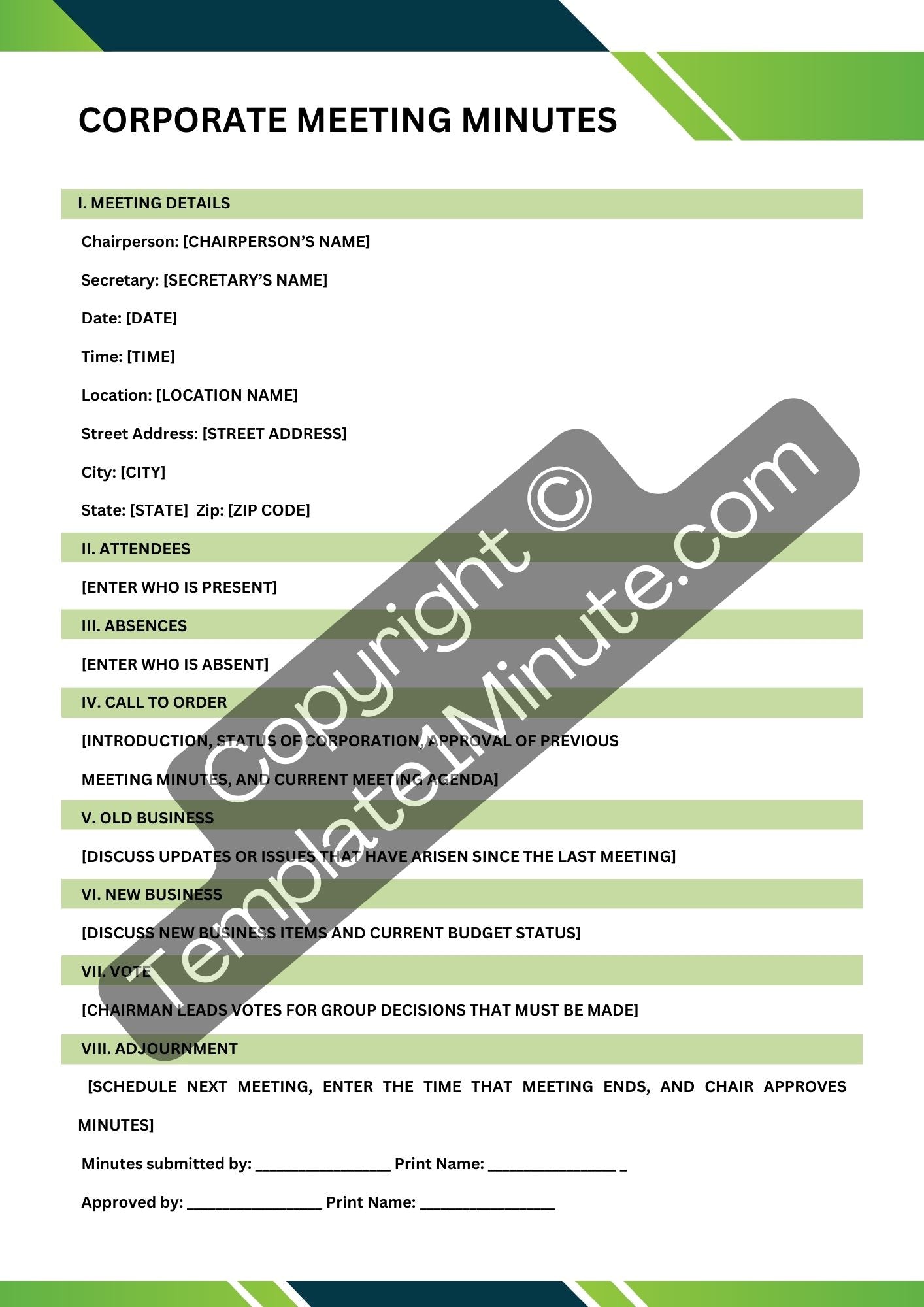 Corporate Meeting Minutes Template Blank Printable PDF Word