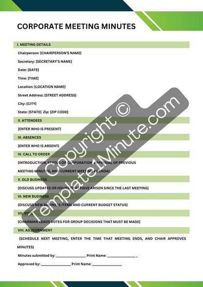 Corporate Meeting Minutes Template Blank Printable PDF Word