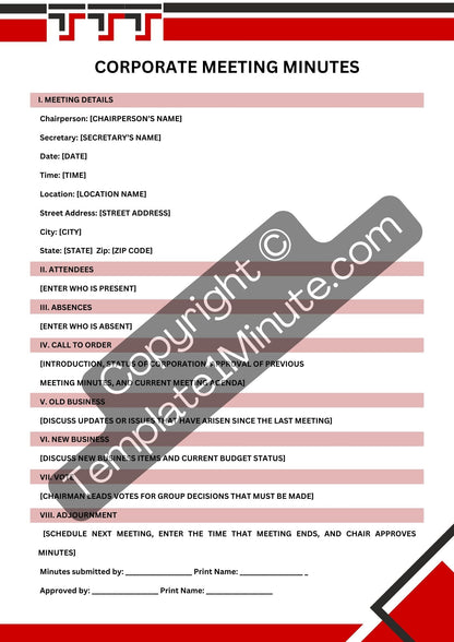 Corporate Meeting Minutes Template Blank Printable PDF Word