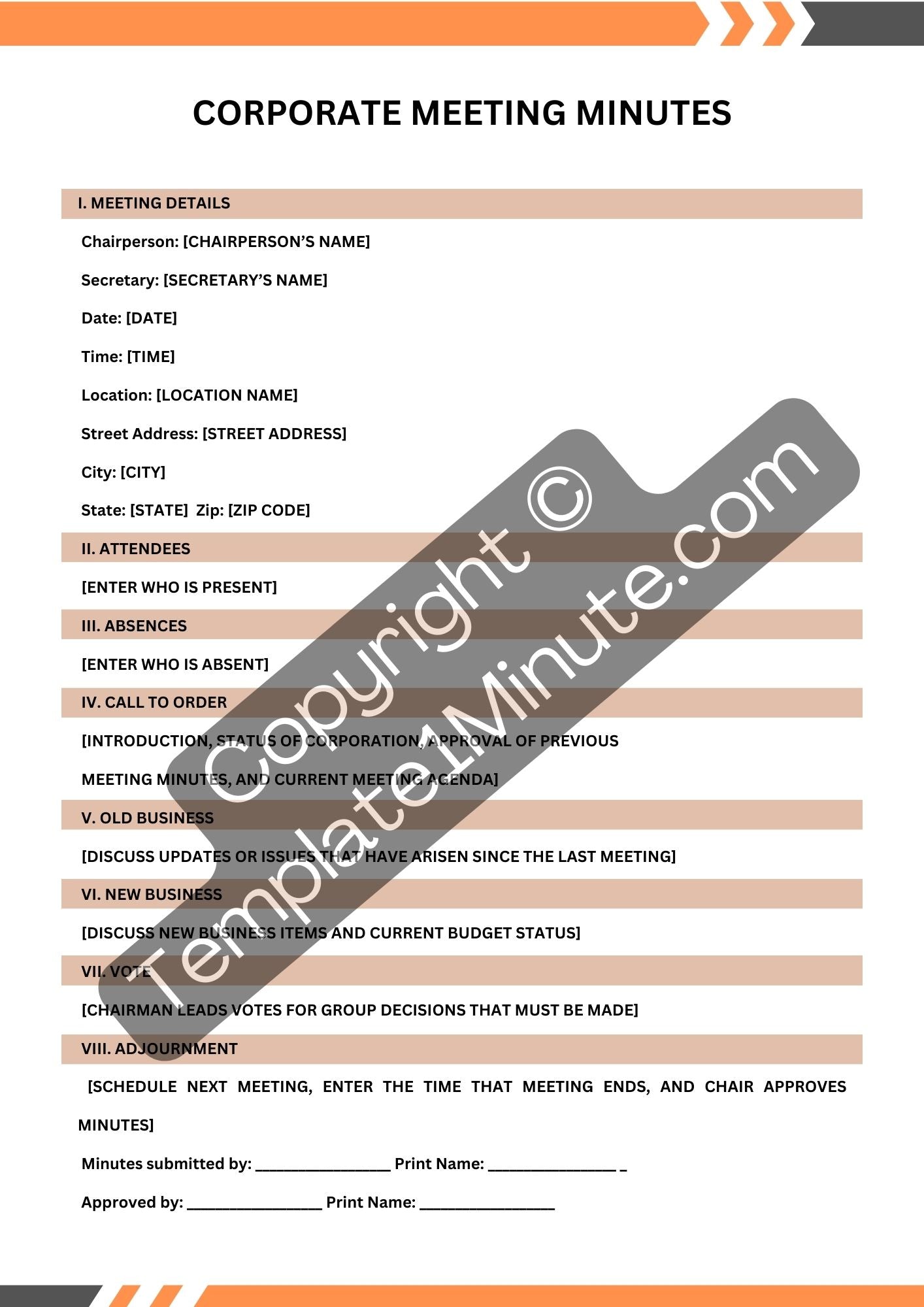 Corporate Meeting Minutes Template Blank Printable PDF Word