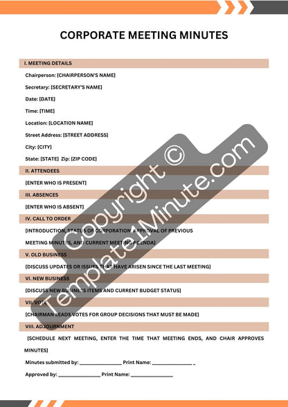 Corporate Meeting Minutes Template Blank Printable PDF Word