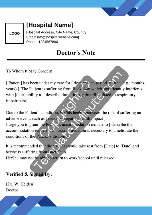 Doctors Note for Back Pain Template Printable Word Editable