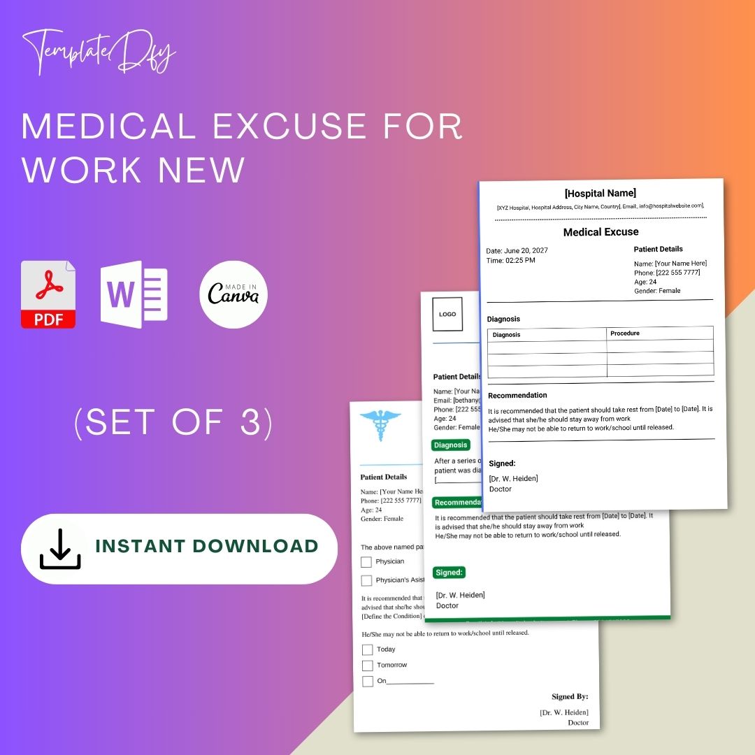 Medical Excuse for Work Template Printable [Word Editable]