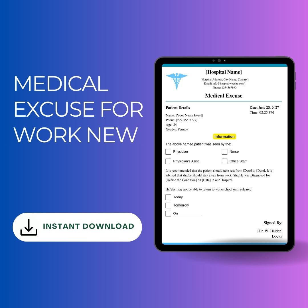 Medical Excuse for Work Template Printable [Word Editable]