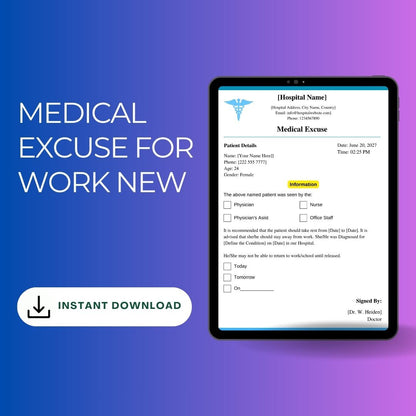 Medical Excuse for Work Template Printable [Word Editable]