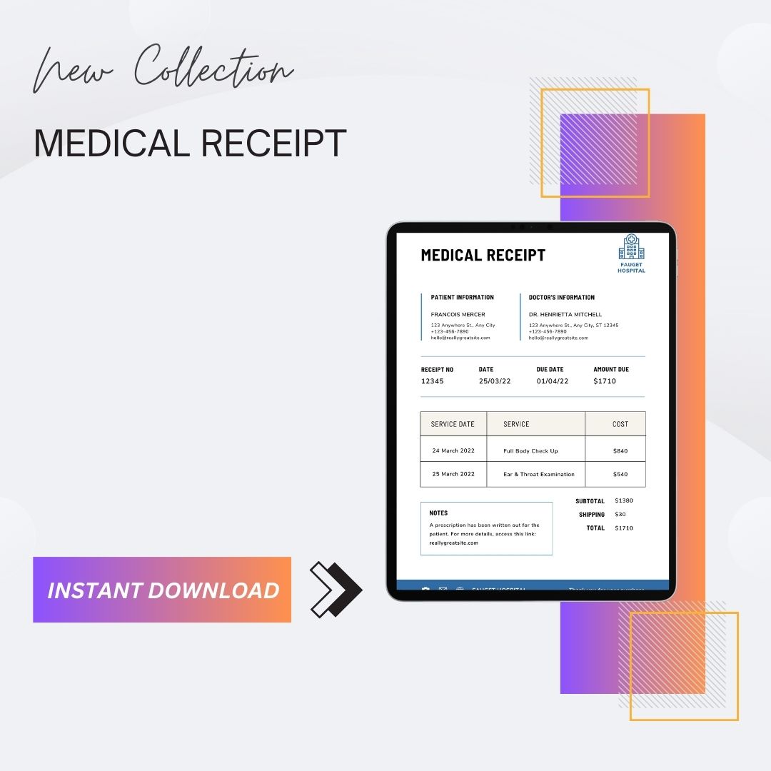 Medical Bill Receipt Template Printable in PDF, Word, Excel