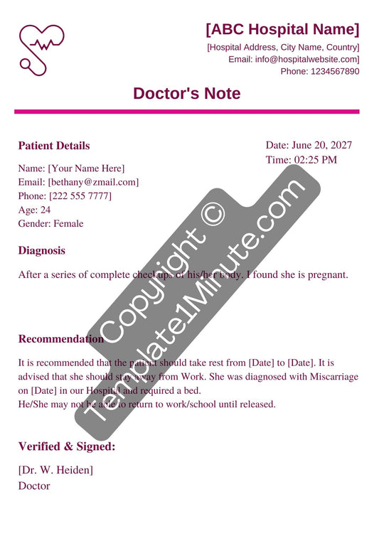 Miscarriage Doctors Note Template Printable in PDF & Word