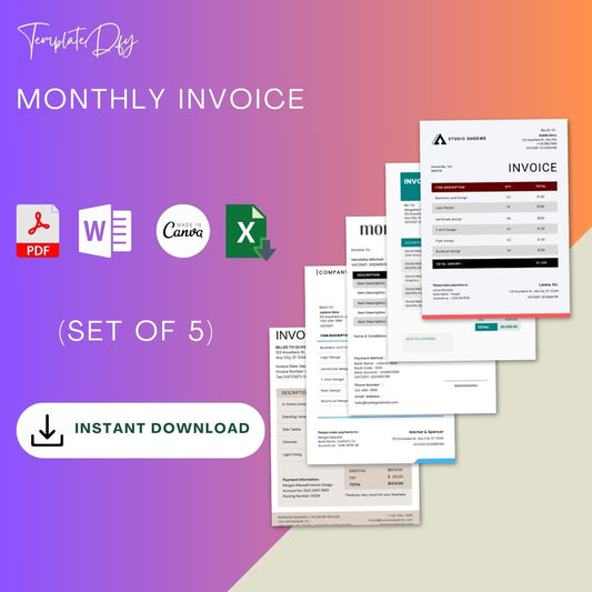 Monthly Invoice Printable Template in PDF, Word, & Excel