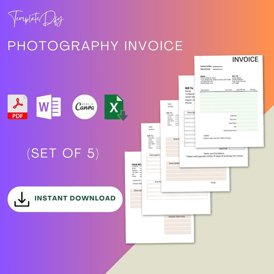 Photography Invoice Template Printable Blank PDF, Excel Word