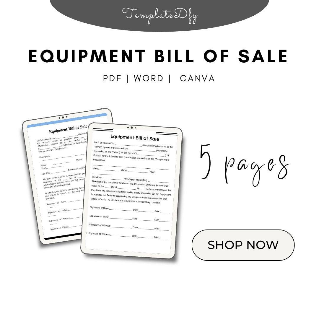 Equipment Bill Of Sale Blank Printable Form Template In Pdf And Word Template1minute 9759