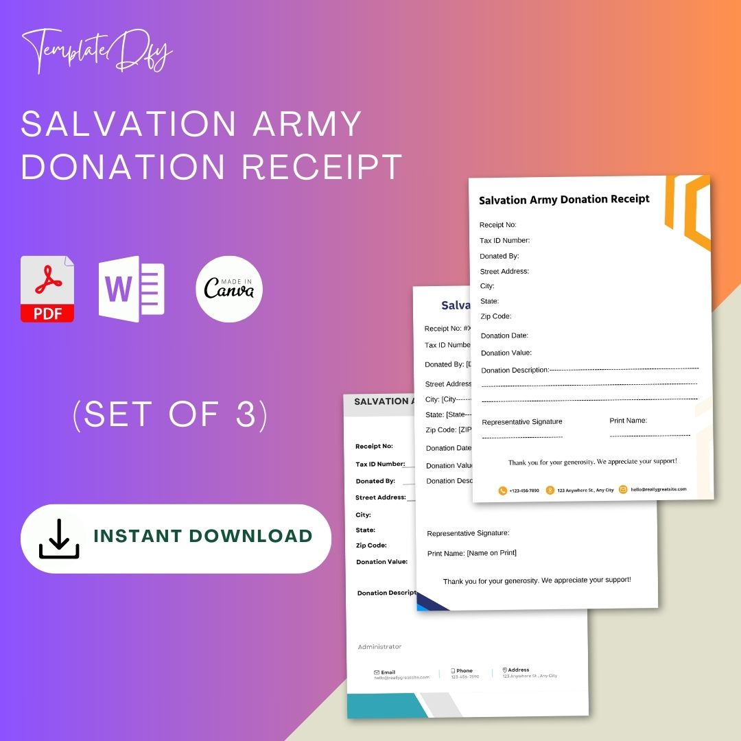 Salvation Army Donation Receipt Template Pdf Word -Pack of 3