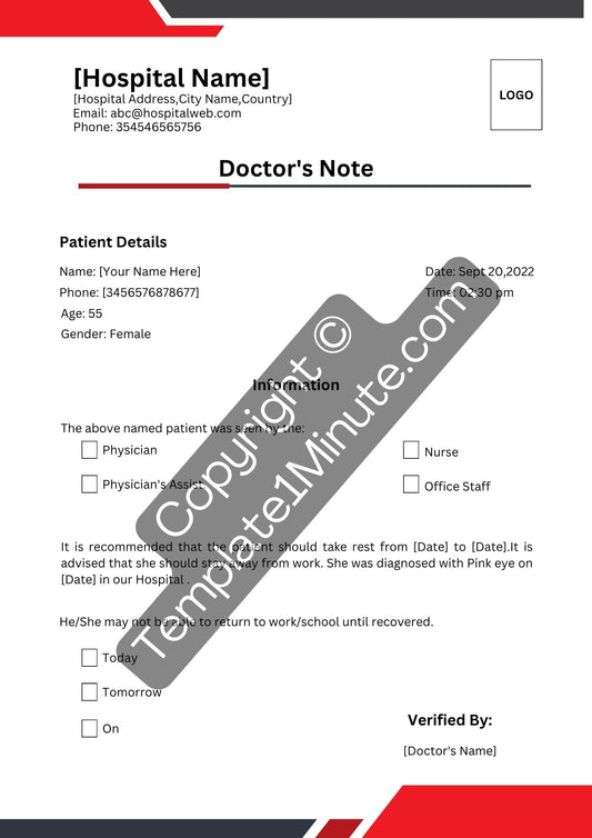Pink Eye Doctors Note Printable Template [Word Editable]