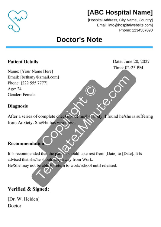 Doctors Note for Anxiety Template Printable in PDF & Word