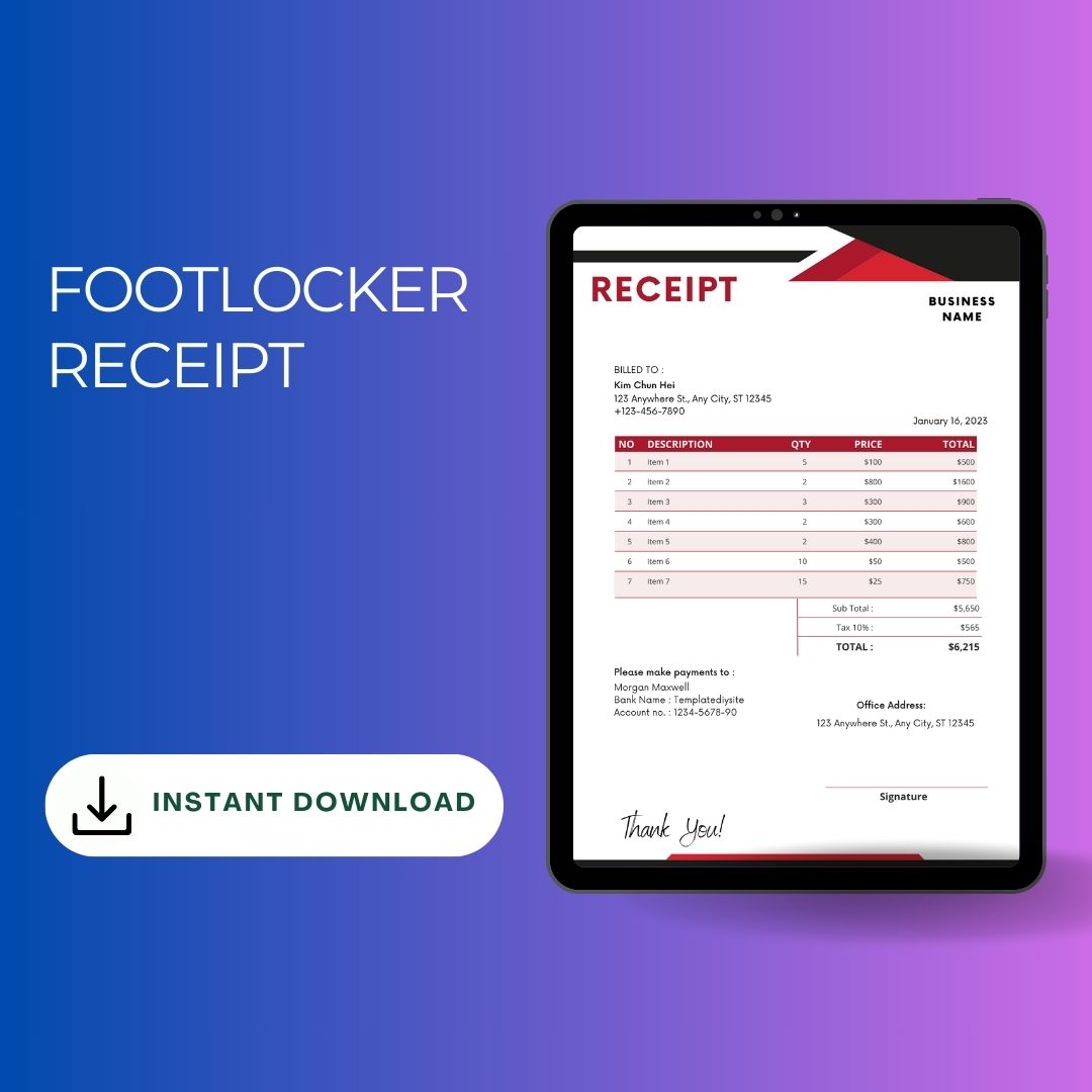 Foot Locker Receipt Template Blank Printable (Pack of 5) – Template1Minute