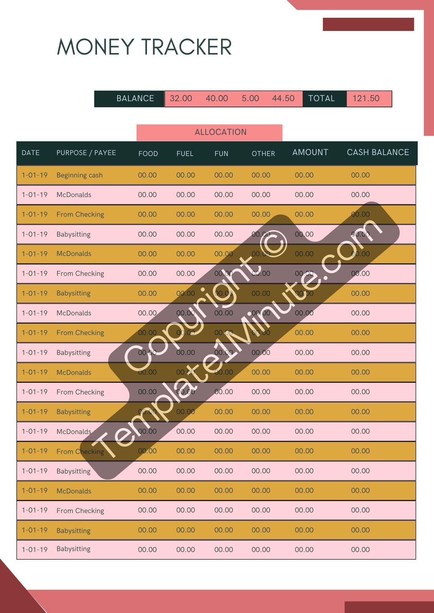 Money Tracker Template Blank Printable in PDF Word & Excel