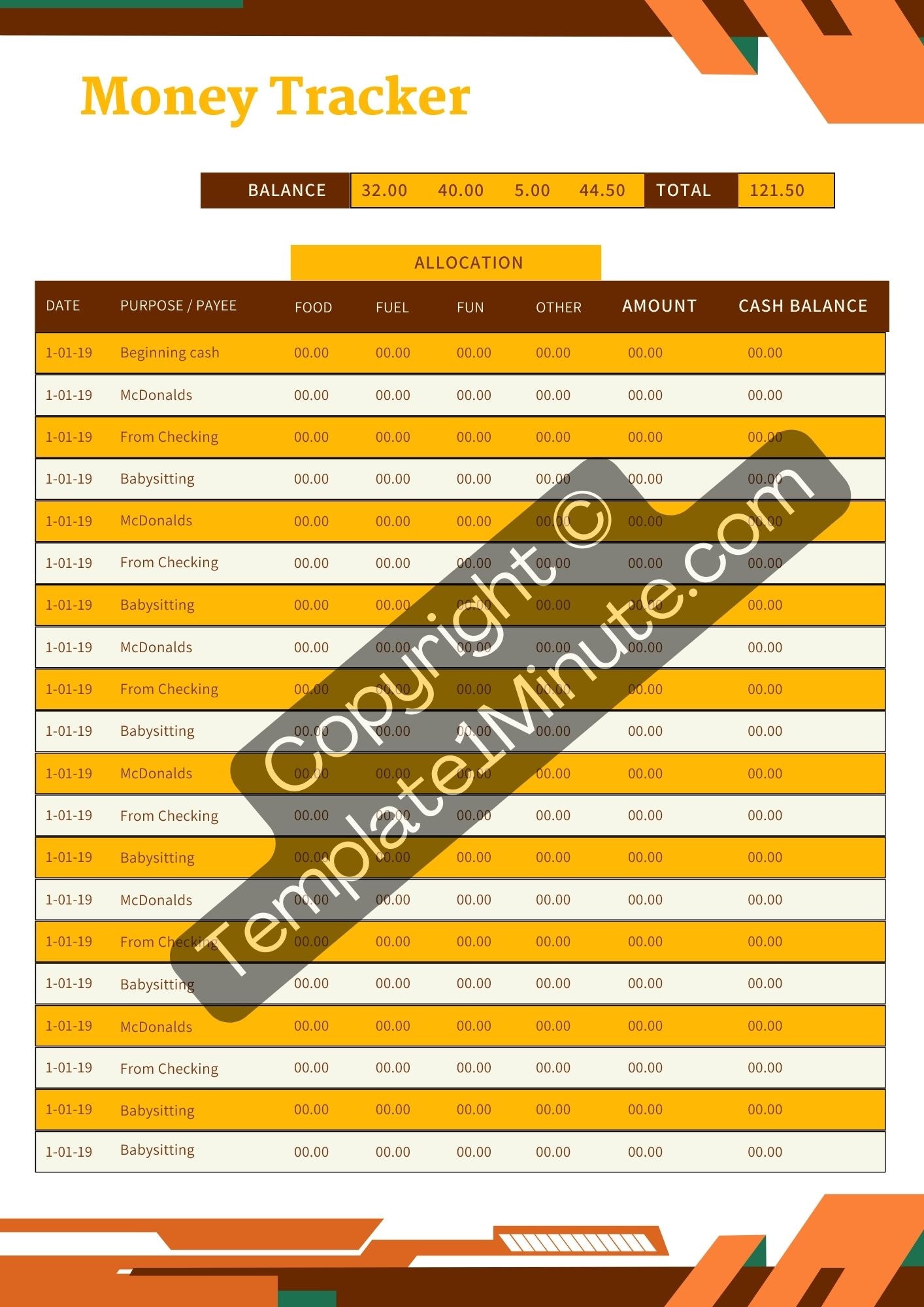 Money Tracker Template Blank Printable in PDF Word & Excel